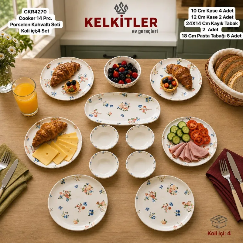Cooker Pure Porselen Kahvaltı Seti Çiçek Desenli 14 Parça