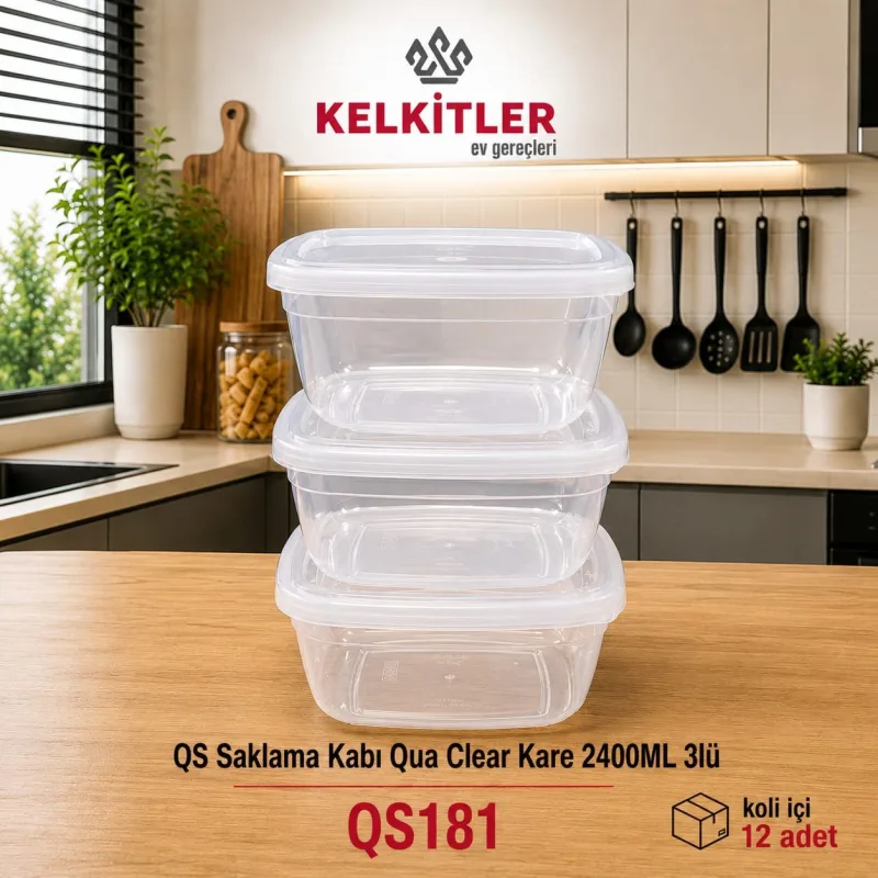 QS Qua Clear Kare Saklama Kabı 2400 ml 3'lü