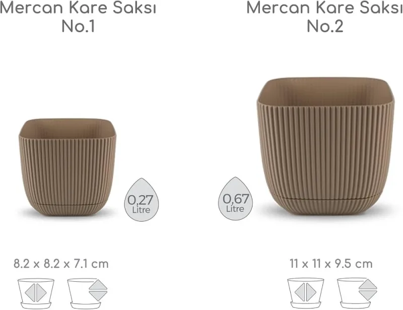 Mercan 2 No Kare Saksı 11x11x9,5 cm 0,67 Litre